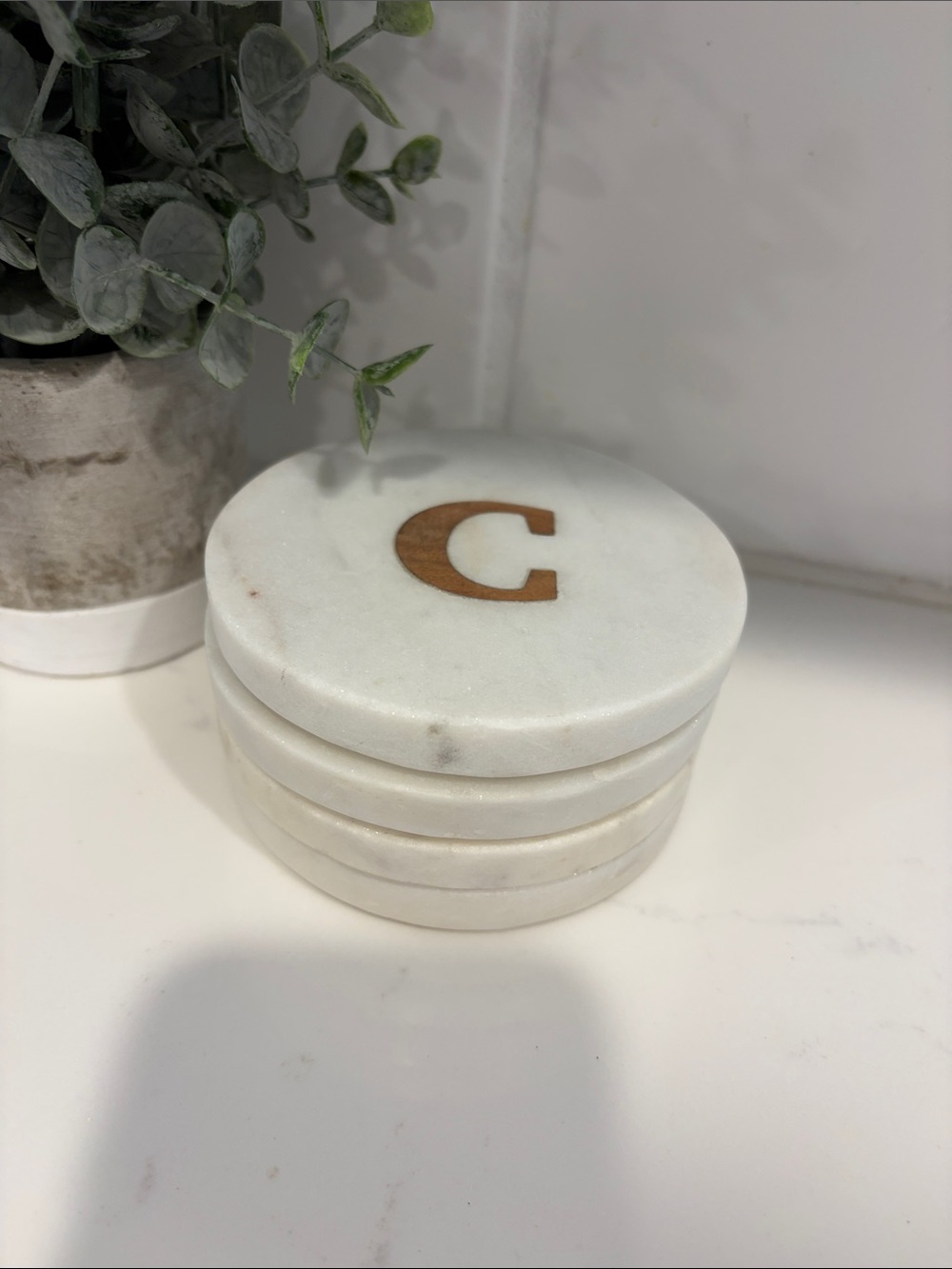 Monogram C Round White Marble Coaster Set of FOUR gold foil letter